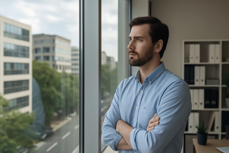 Empleado mirando por la ventana de una oficina mientras evalúa cambiar de trabajo
