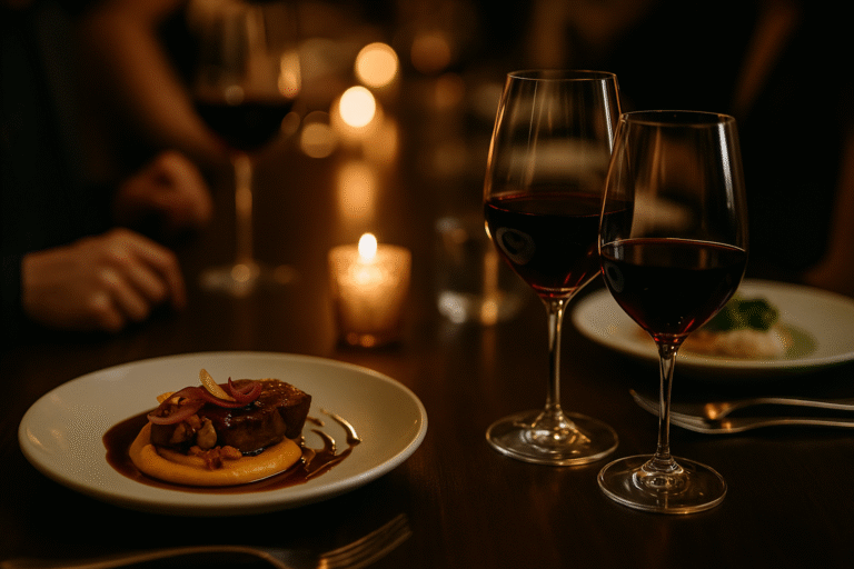 Mesa elegante con copas de vino y platos gourmet en un evento exclusivo de Ciclos Bigbox