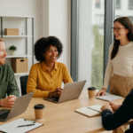 Grupo de empleados colaborando en una oficina moderna, representando estrategias para reducir la rotación laboral