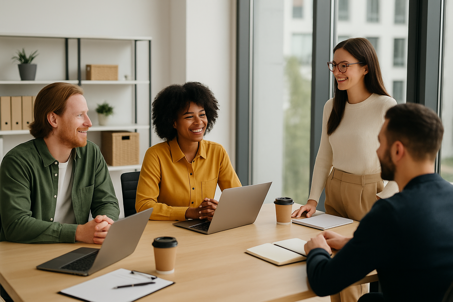 Grupo de empleados colaborando en una oficina moderna, representando estrategias para reducir la rotación laboral