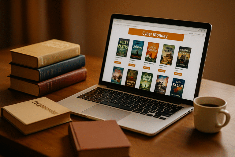 Laptop con tienda online y libros sobre una mesa, ilustrando las promociones de Buscalibre en el Cyber Monday y Black Friday