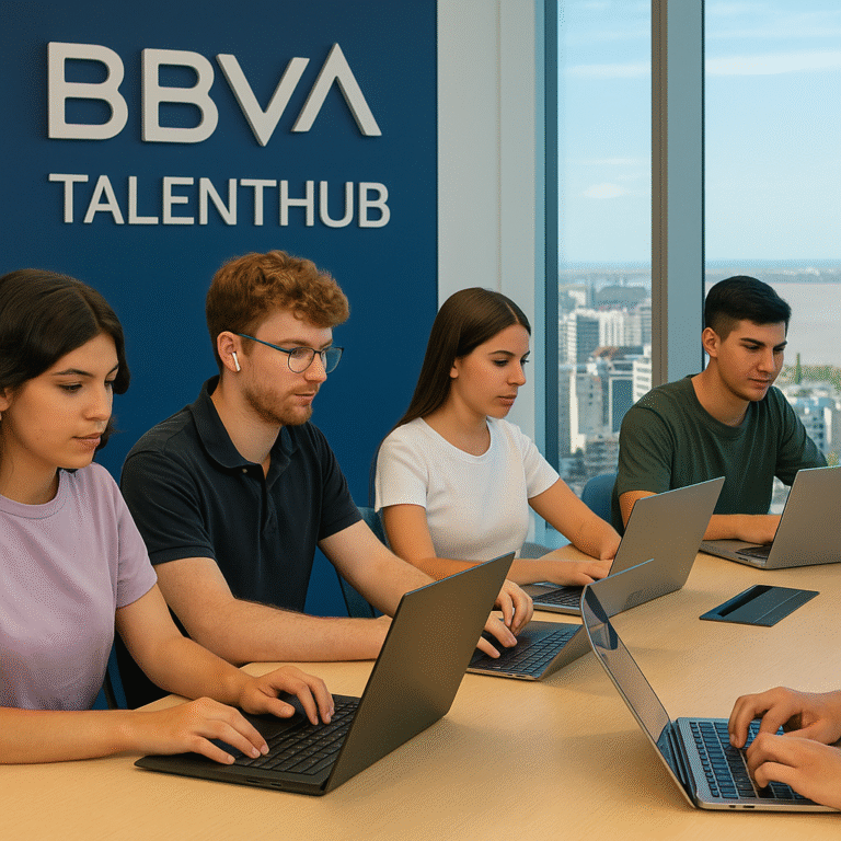 Grupo de jóvenes argentinos trabajando en equipo en una oficina moderna durante el programa de pasantías TalentHub de BBVA