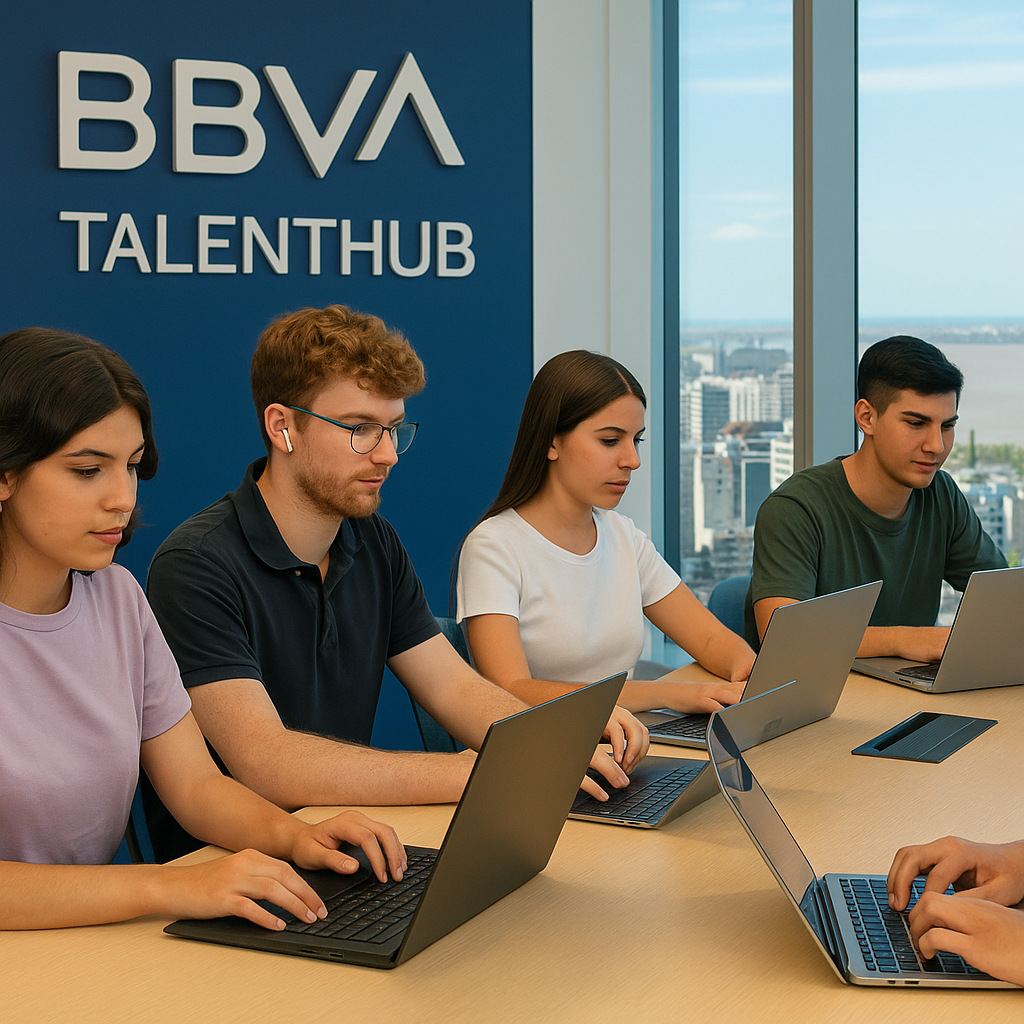 Grupo de jóvenes argentinos trabajando en equipo en una oficina moderna durante el programa de pasantías TalentHub de BBVA