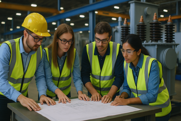 Jóvenes ingenieros revisando planos técnicos en planta industrial de Arteche