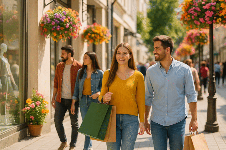 Personas caminando por una calle comercial en primavera con vidrieras y flores