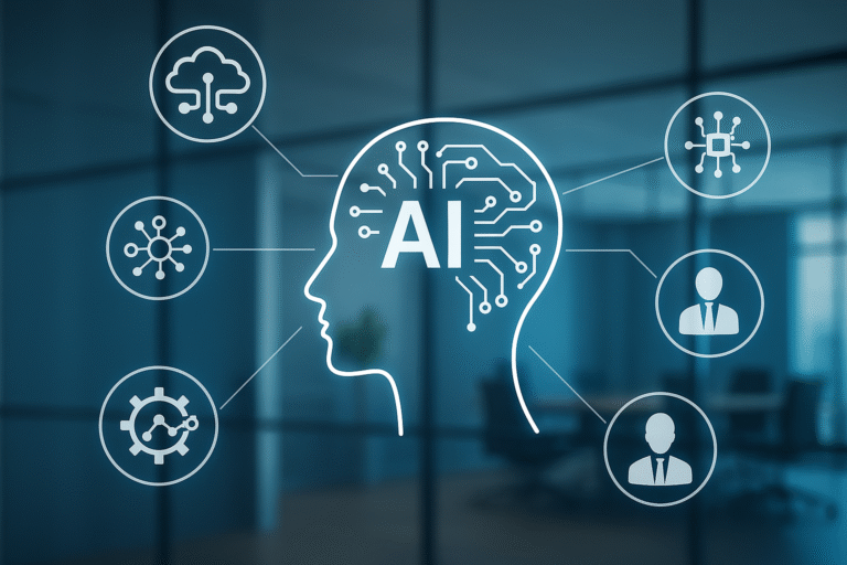 Representación conceptual de inteligencia artificial con iconos tecnológicos sobre fondo corporativo moderno