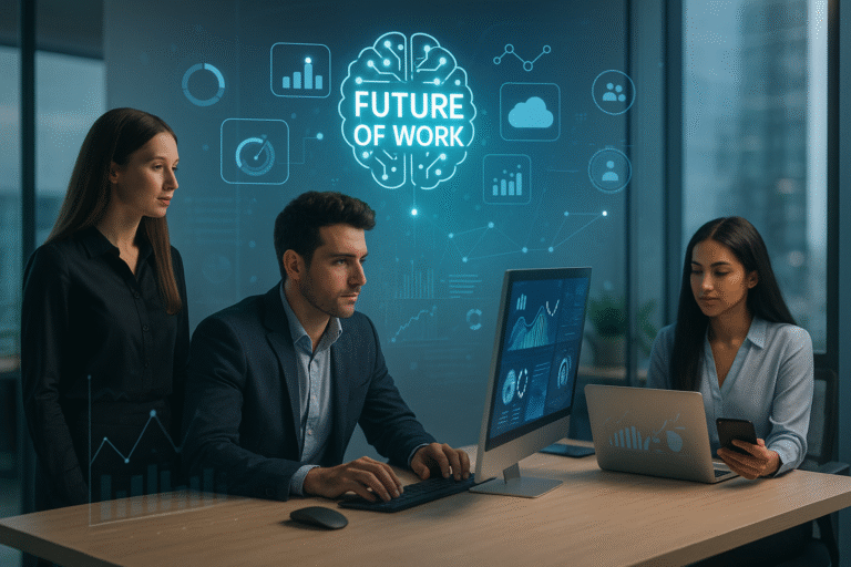 Imagen conceptual del futuro del trabajo con profesionales y tecnología digital en un entorno moderno