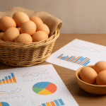 Canasta con huevos frescos y documentos de análisis de consumo en Argentina