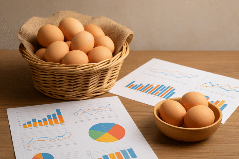 Canasta con huevos frescos y documentos de análisis de consumo en Argentina