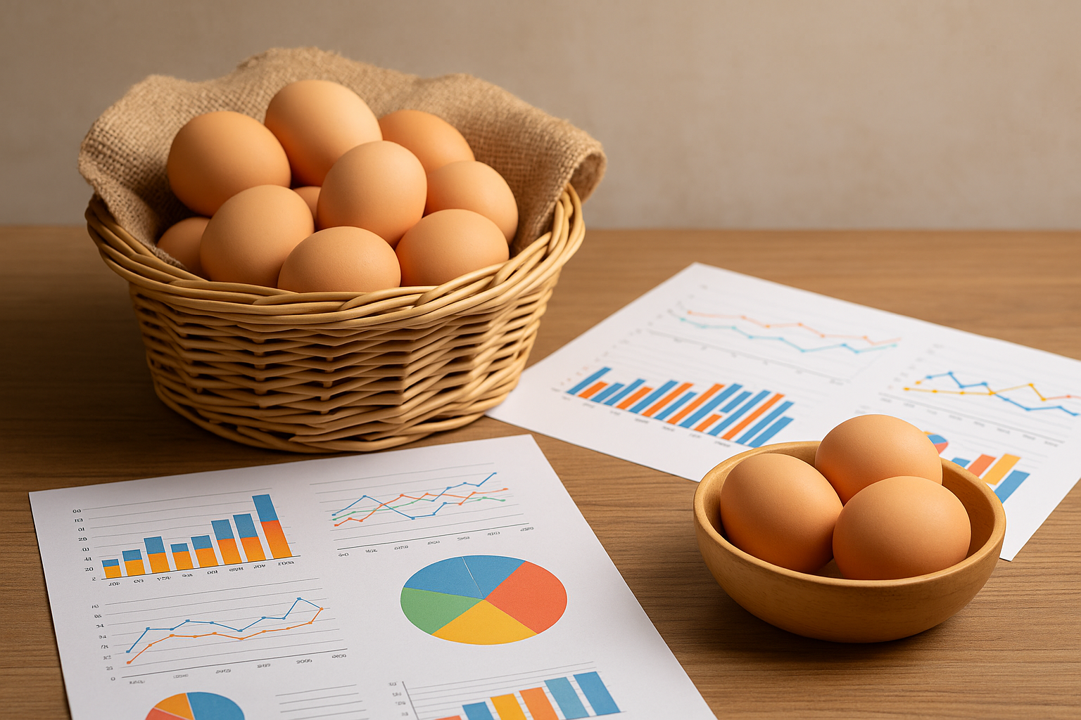Canasta con huevos frescos y documentos de análisis de consumo en Argentina