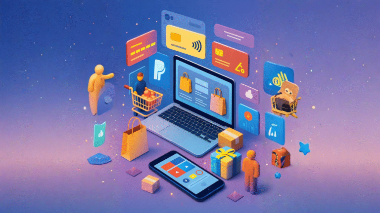 Ilustración digital con laptop, carrito de compras y smartphone representando el comercio electrónico del CyberMonday 2025