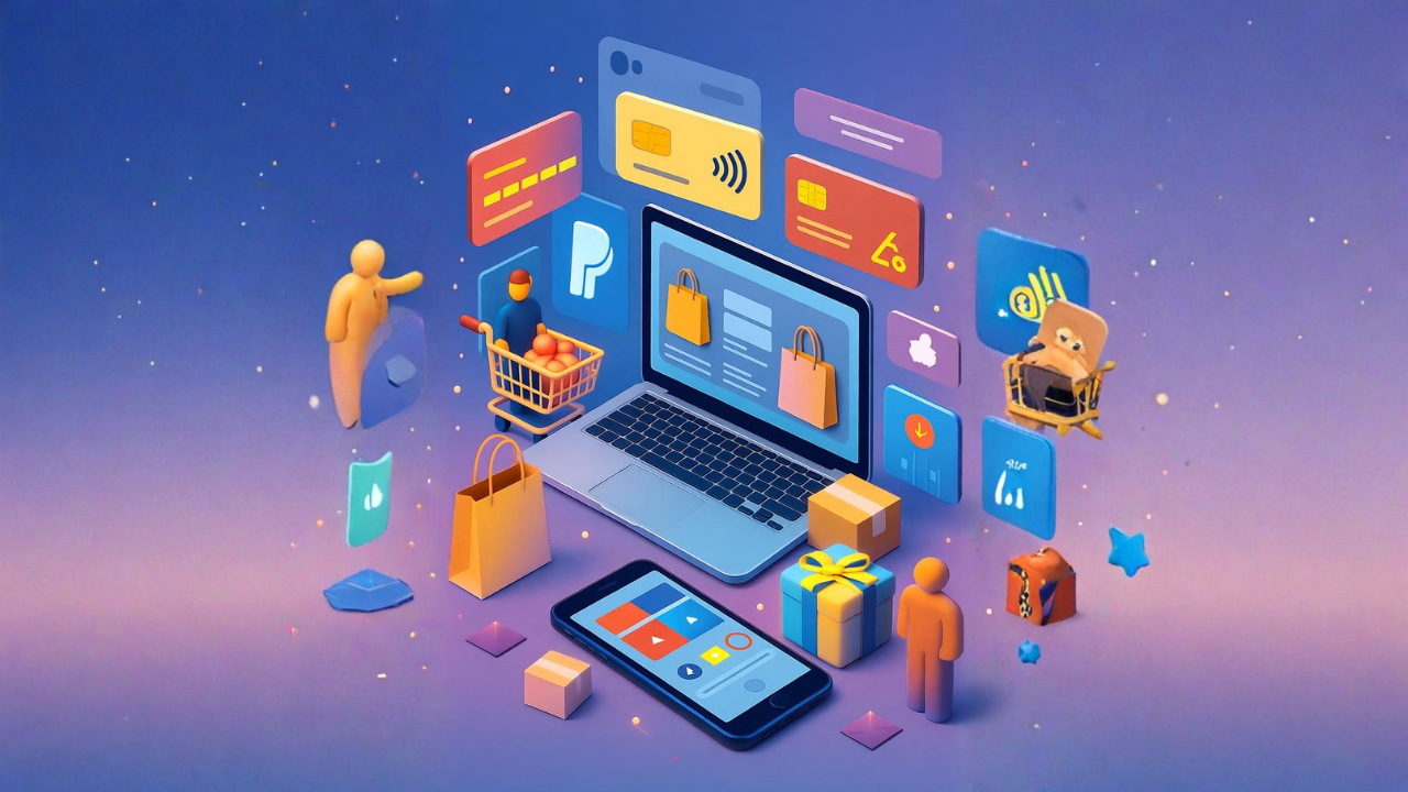 Ilustración digital con laptop, carrito de compras y smartphone representando el comercio electrónico del CyberMonday 2025