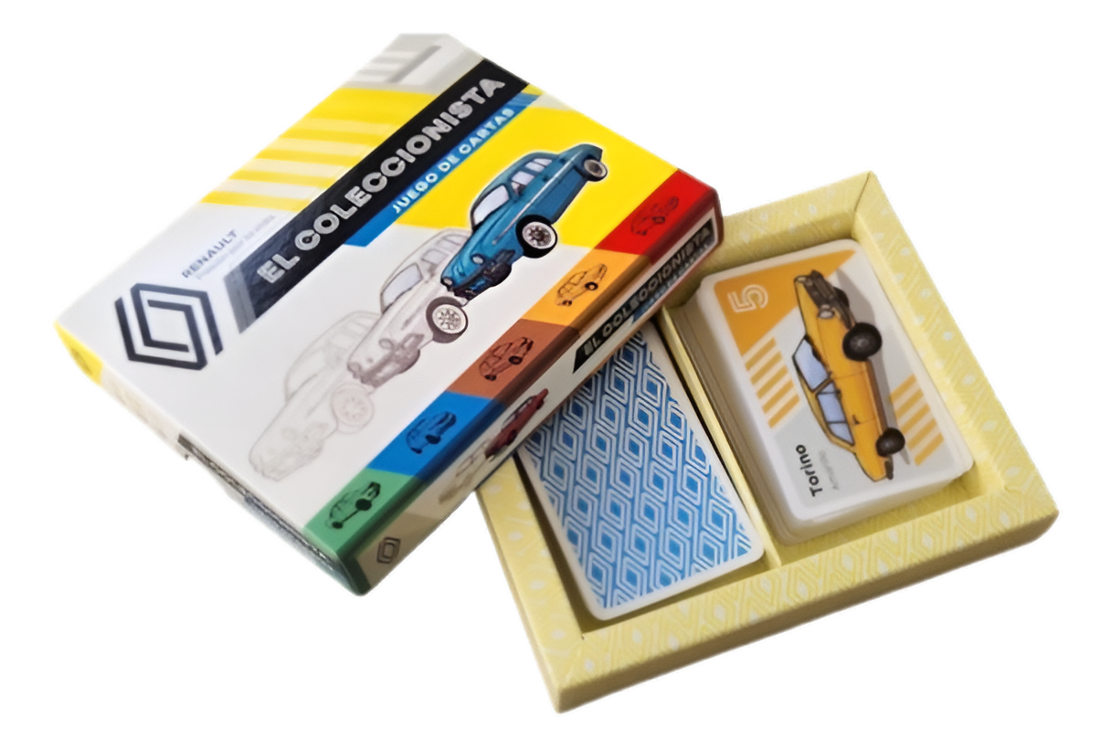Caja abierta del juego de mesa El Coleccionista de Renault con cartas ilustradas de autos clásicos