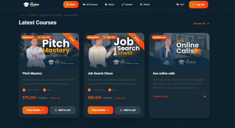 Vista de los cursos en línea de Further Academy incluyendo Pitch Mastery Job Search Chess y Ace Online Calls