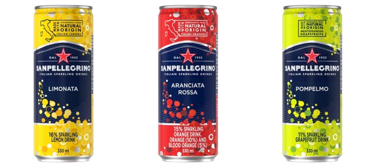 Latas de Sanpellegrino Limonata Aranciata Rossa y Pompelmo de la línea Italian Sparkling Drinks