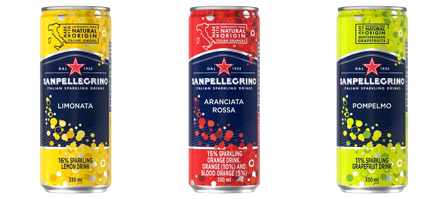 Latas de Sanpellegrino Limonata Aranciata Rossa y Pompelmo de la línea Italian Sparkling Drinks