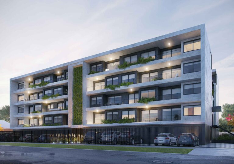 Fachada de un edificio residencial en Argentina que refleja el crecimiento del sector inmobiliario con créditos directos de desarrolladora
