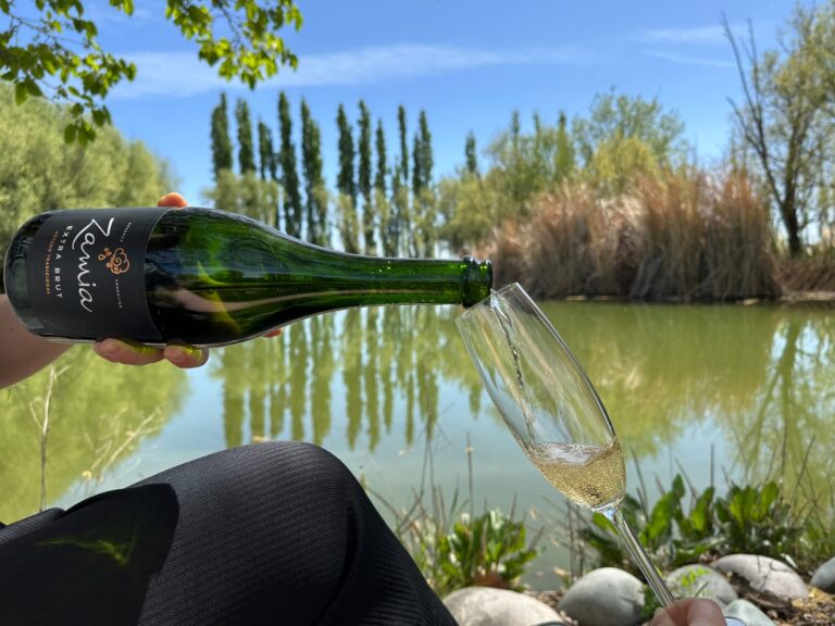 Persona sirviendo champagne Zamia Extra Brut junto a un lago rodeado de viñedos en Mendoza