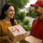 Mujer recibiendo un regalo en su casa por un repartidor, representación de la logística para el Día de la Madre en Argentina