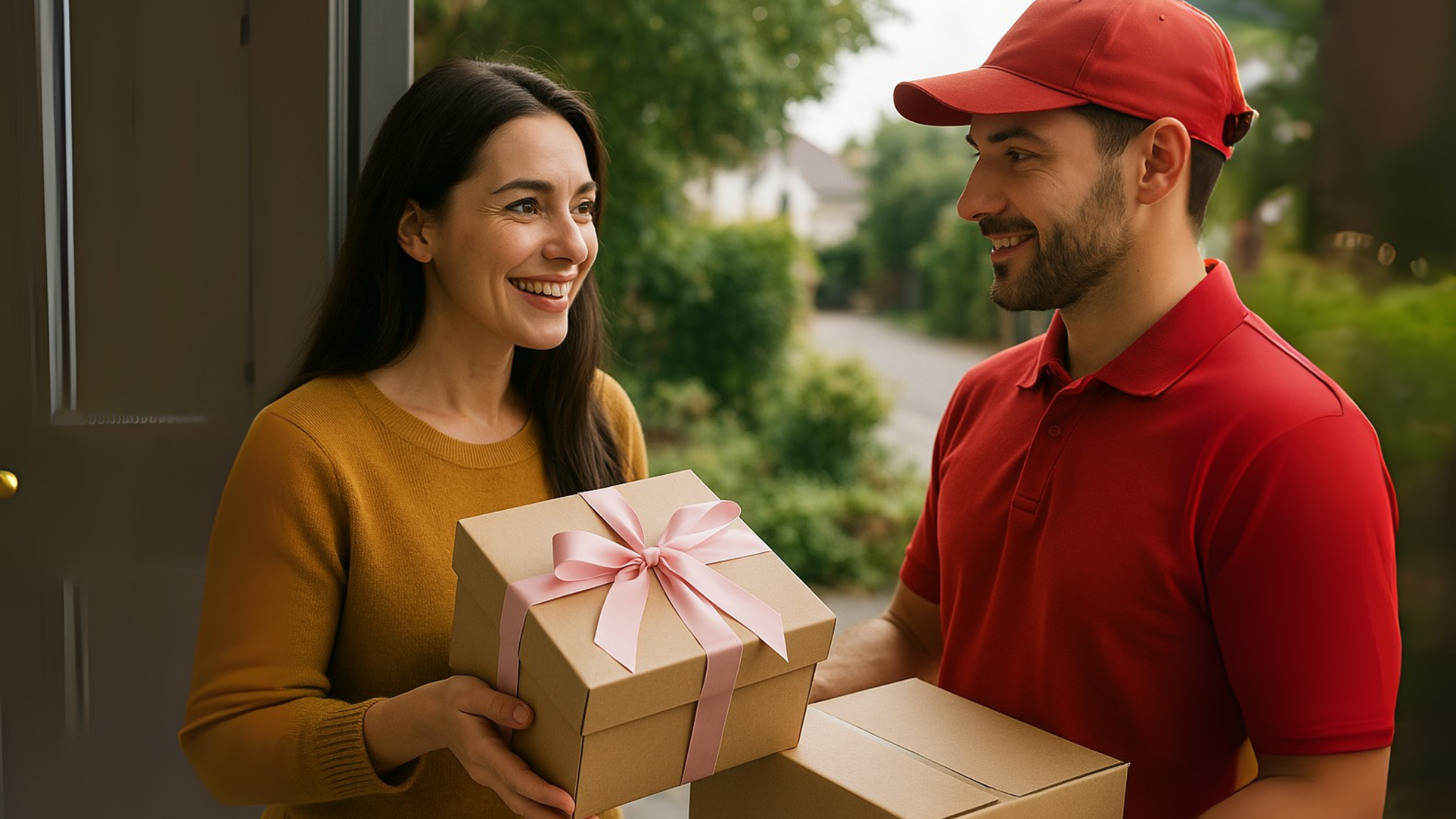 Mujer recibiendo un regalo en su casa por un repartidor, representación de la logística para el Día de la Madre en Argentina