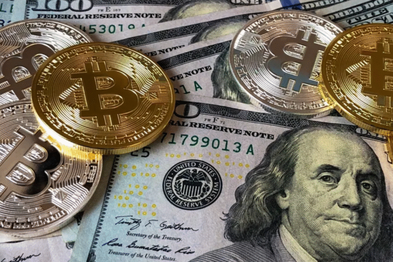 Monedas de bitcoin sobre billetes de dólar representando la digitalización y los medios de pago modernos
