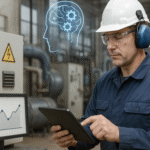 Técnico industrial utiliza una tablet para monitorear equipos eléctricos en una planta, aplicando mantenimiento predictivo con apoyo de inteligencia artificial