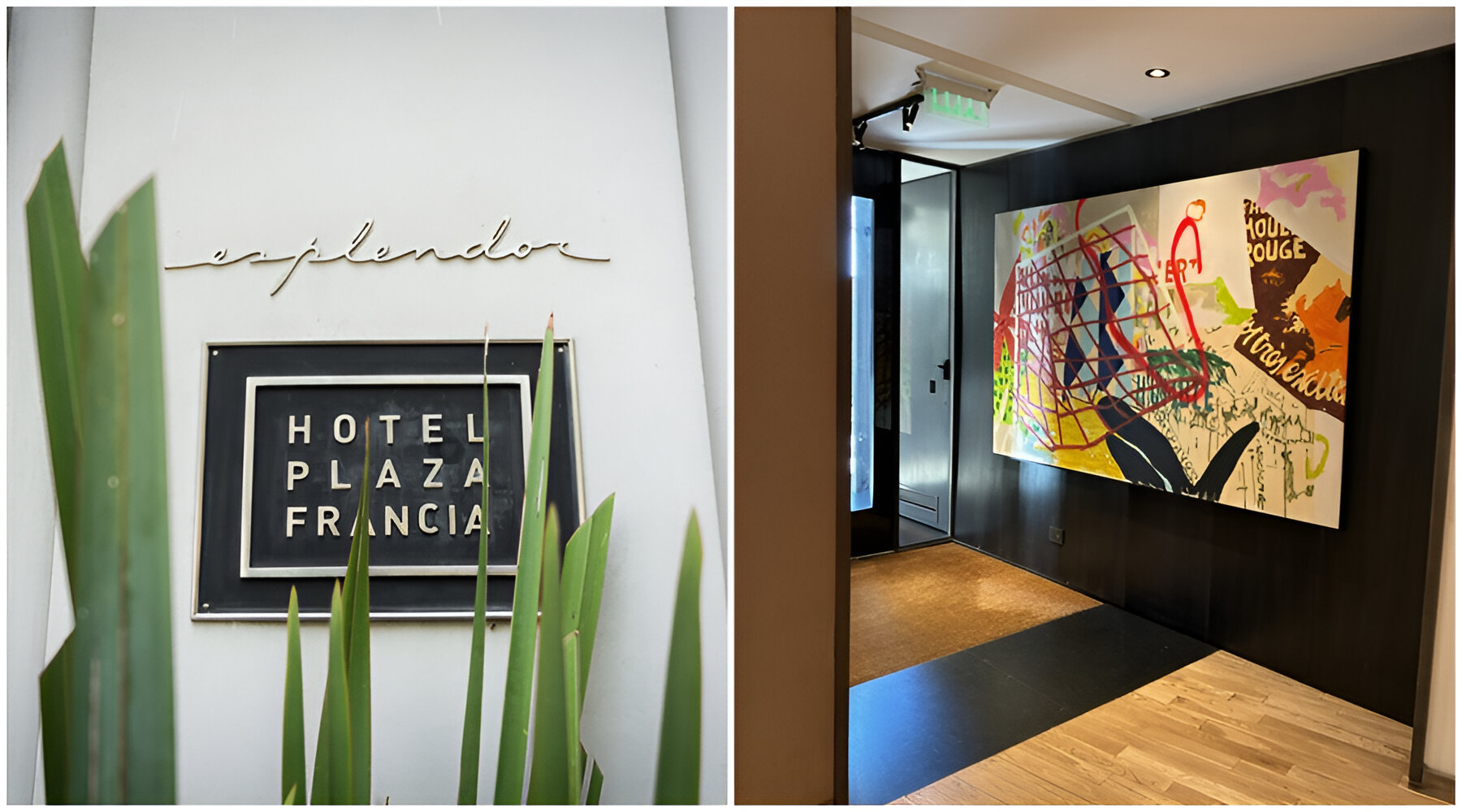 Fachada del Hotel Esplendor Plaza Francia y vista interior con obra de arte contemporáneo exhibida en el lobby