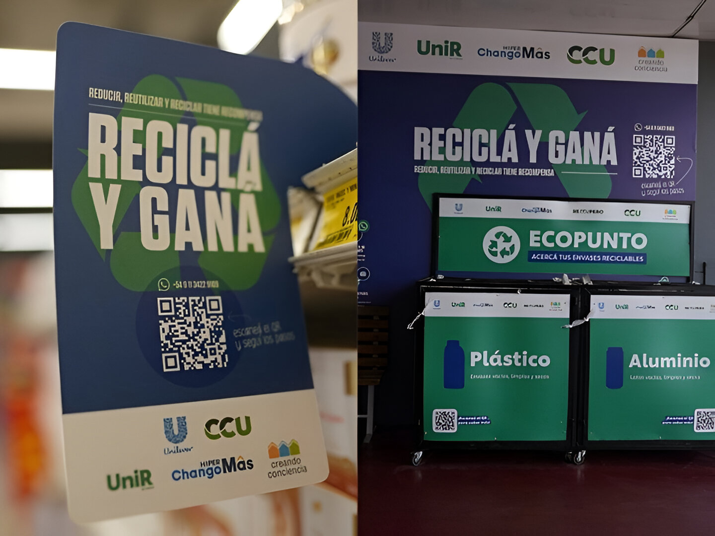 Punto de reciclaje con carteles de la campaña Reciclá y Ganá donde los consumidores pueden entregar envases y obtener descuentos