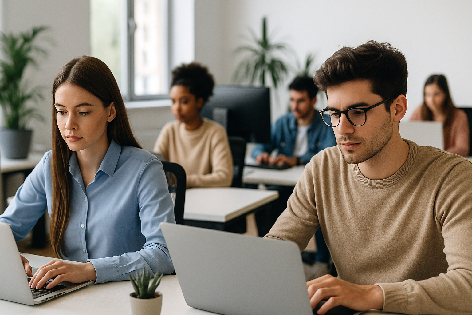 Personas jóvenes trabajando con computadoras en una oficina moderna representando el crecimiento tecnológico de Talentum