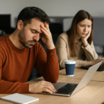 Empleados argentinos en una oficina moderna mostrando signos de agotamiento laboral frente a sus computadoras