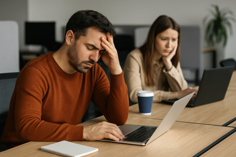 Empleados argentinos en una oficina moderna mostrando signos de agotamiento laboral frente a sus computadoras