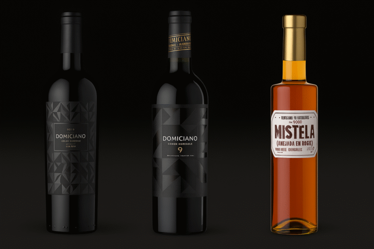 Tres botellas de vino Domiciano sobre fondo oscuro: Gran Reserva Malbec, Corte Estrella 9 y Mistela.