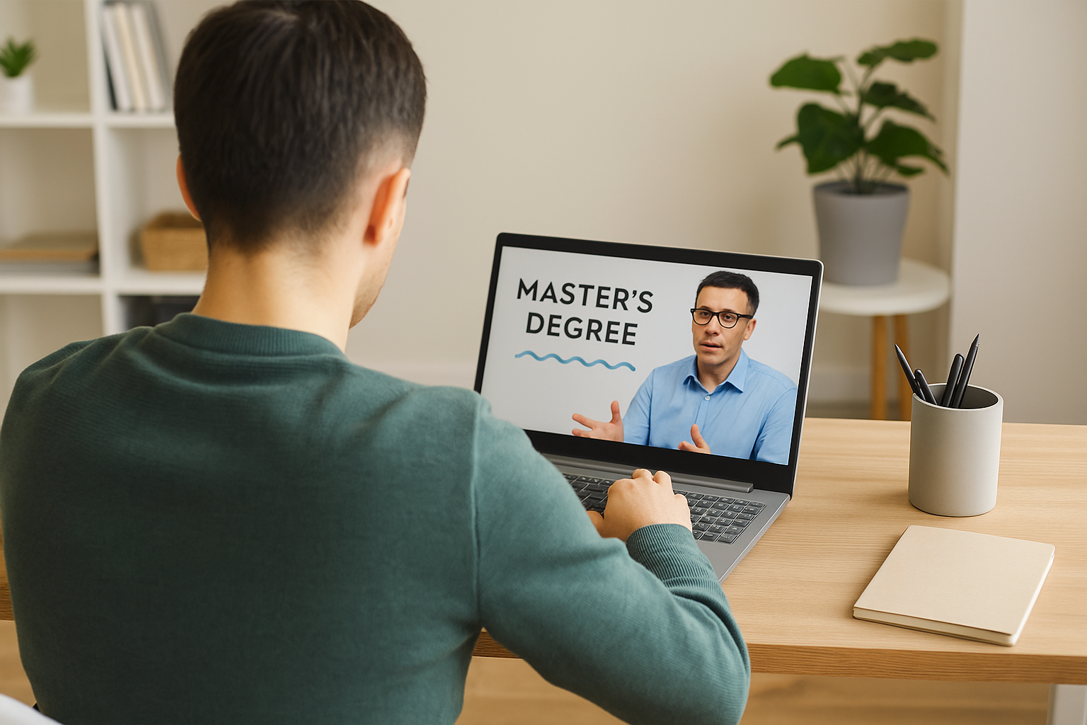 Persona de espaldas estudiando en una notebook en una oficina, ilustrando el acceso a becas para maestrías virtuales de CAME y UNIR