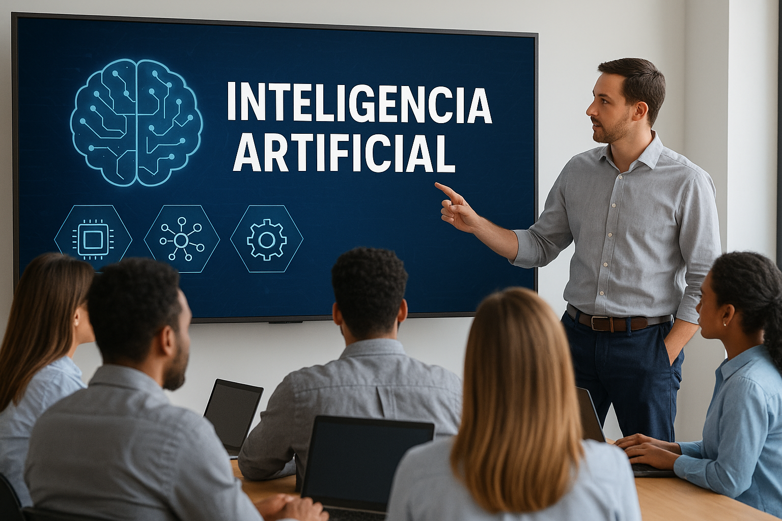 Un instructor explica conceptos de inteligencia artificial frente a un grupo de empleados en una sala de capacitación, con una pantalla que muestra el título “Inteligencia Artificial”