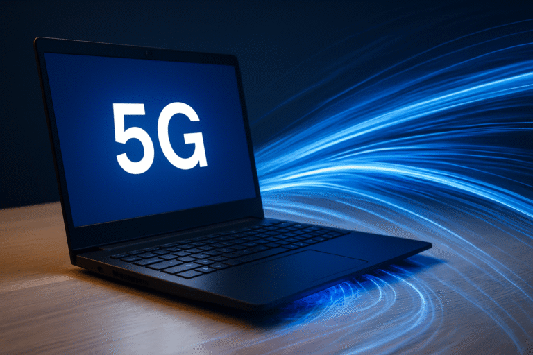 Notebook encendida con un efecto visual de líneas luminosas que simbolizan velocidad y conectividad 5G