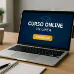 Notebook sobre un escritorio mostrando una pantalla en español que representa cursos online