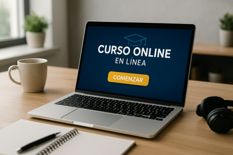 Notebook sobre un escritorio mostrando una pantalla en español que representa cursos online