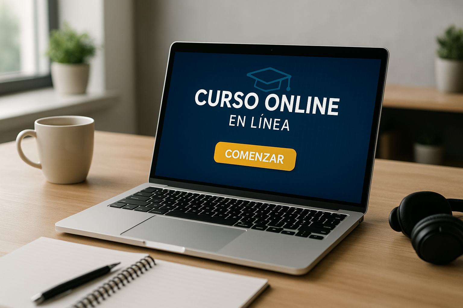 Notebook sobre un escritorio mostrando una pantalla en español que representa cursos online