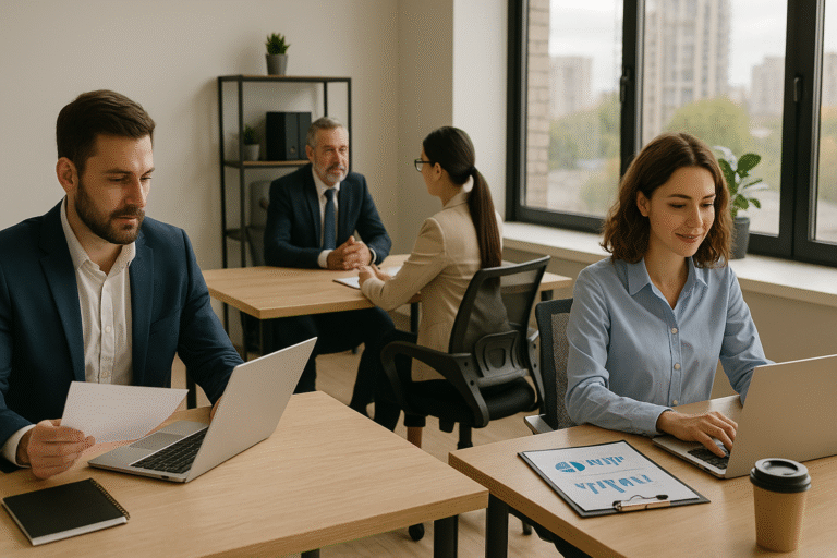 Personas argentinas trabajando en oficina moderna que refleja estabilidad y confianza en el mercado laboral