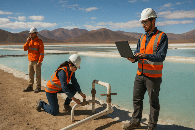 Trabajadores con cascos y chalecos naranjas supervisan un salar del norte argentino durante la extracción de litio