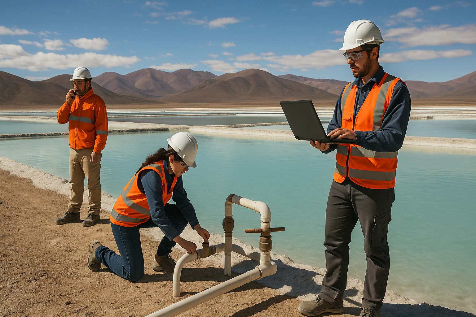Trabajadores con cascos y chalecos naranjas supervisan un salar del norte argentino durante la extracción de litio