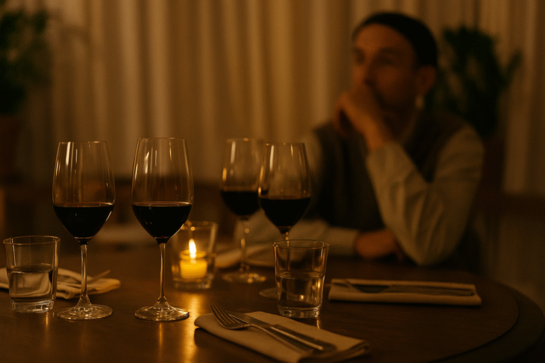 Mesa gourmet con copas de vino tinto y luz cálida representando la experiencia exclusiva de Ciclos Bigbox en Ness