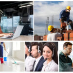 Collage de trabajadores argentinos en distintos sectores —oficinas, construcción, limpieza, call center y tecnología— representando los rubros que podrían crecer con una reforma laboral y nuevas inversiones