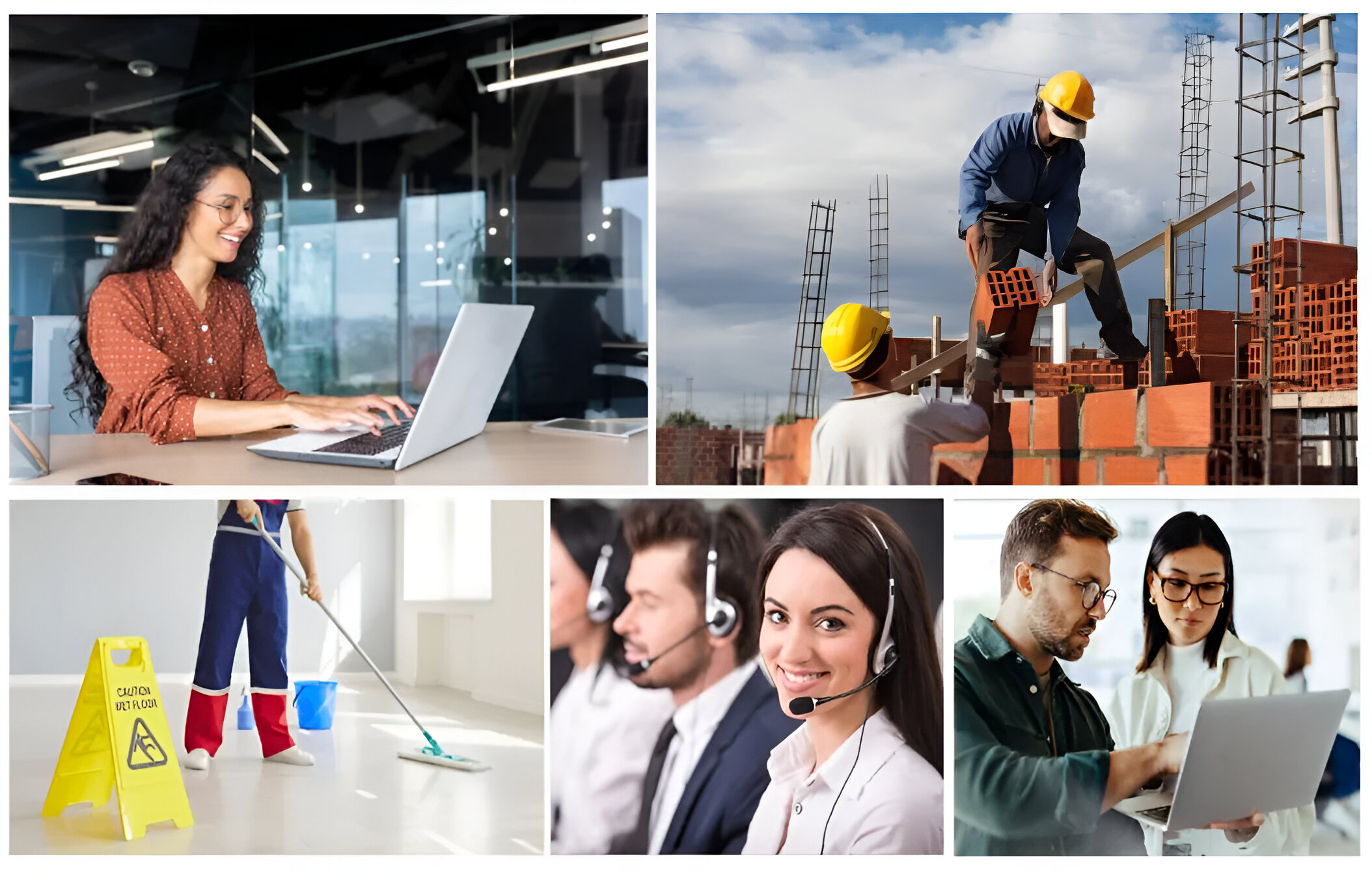 Collage de trabajadores argentinos en distintos sectores —oficinas, construcción, limpieza, call center y tecnología— representando los rubros que podrían crecer con una reforma laboral y nuevas inversiones