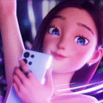 Avatar digital SAM de Samsung sosteniendo un smartphone en una estética de luces neón, imagen promocional de la campaña de karaoke de la marca