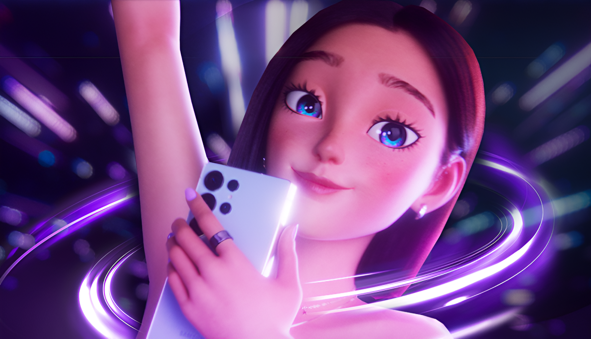 Avatar digital SAM de Samsung sosteniendo un smartphone en una estética de luces neón, imagen promocional de la campaña de karaoke de la marca