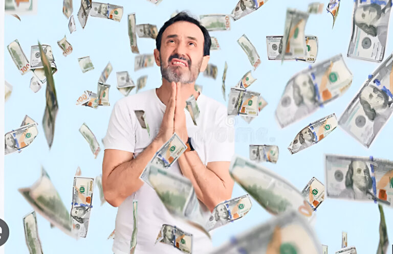 Hombre de pie observando hacia arriba mientras caen billetes a su alrededor, simbolizando decisiones y emociones del ahorrista argentino