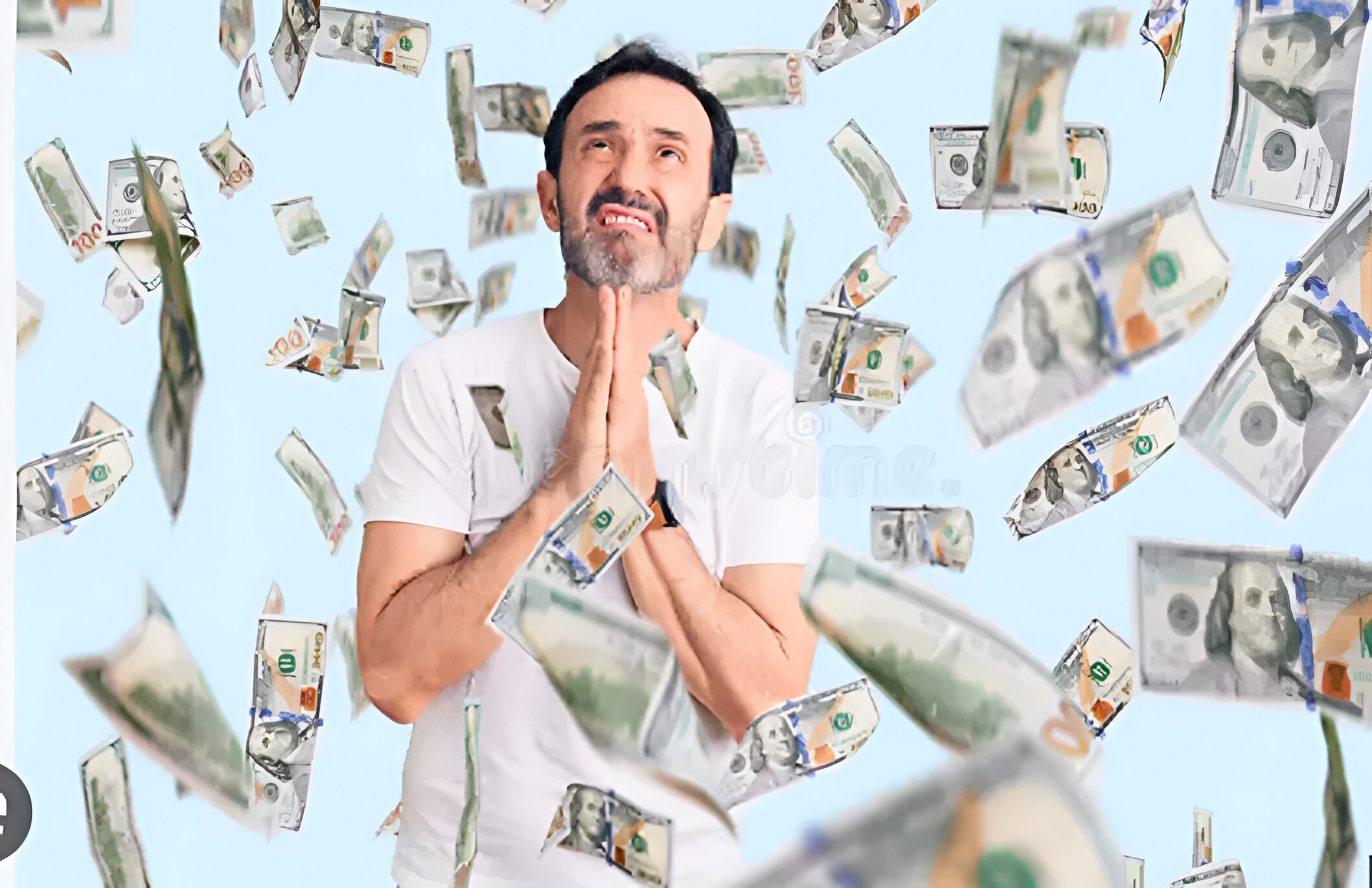 Hombre de pie observando hacia arriba mientras caen billetes a su alrededor, simbolizando decisiones y emociones del ahorrista argentino