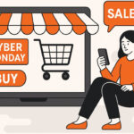 Ilustración de una mujer comprando online durante el Cyber Monday frente a una notebook con íconos de ofertas y descuentos