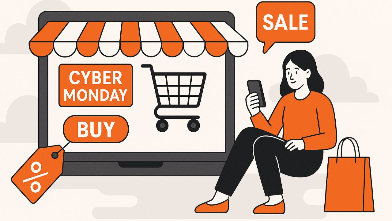 Ilustración de una mujer comprando online durante el Cyber Monday frente a una notebook con íconos de ofertas y descuentos